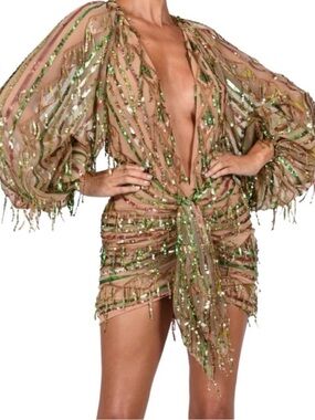 Dollhouse Sheer Beaded Mini Dress in Nude with Green and Gold Accents